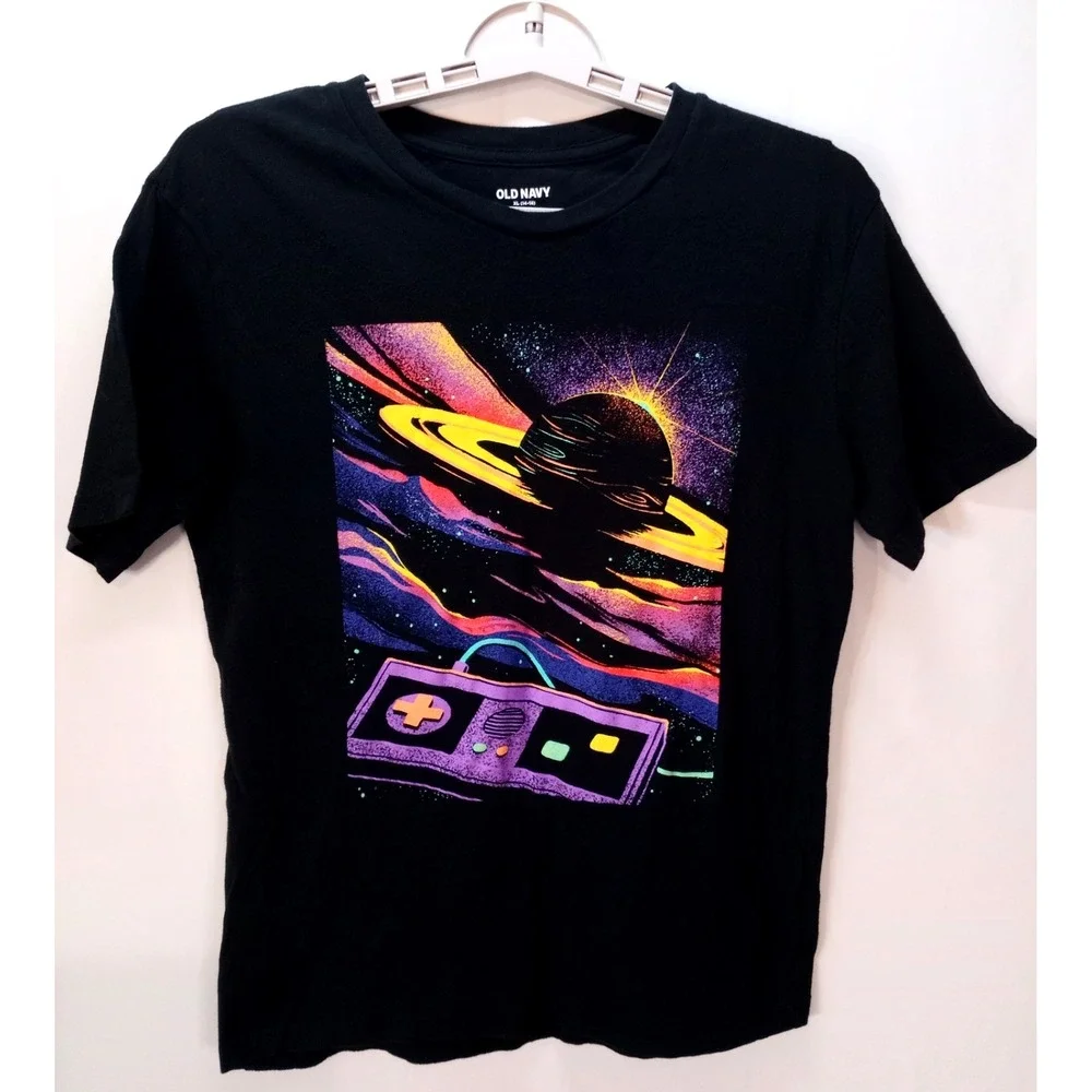 Old Navy Retro Game Controller Space Plantet Boy's T-Shirt, XL 14-16, Black